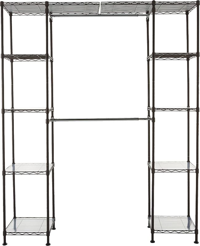 Photo 1 of Amazon Basics Expandable Metal Hanging Storage Organizer Rack Wardrobe with Shelves, 14"-63" x 58"-72", Bronze