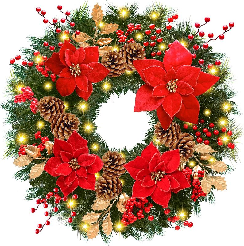 Photo 1 of 24 IN Christmas-Wreath,Christmas-Wreaths-for-Front-Door,Pre-Lit-Christmas-Decorations Door Wreath with 50 LED Lights,Poinsettia Flowers,Artificial Indoor/Outdoor Home Decor Gift Wreath for Door Mantel
