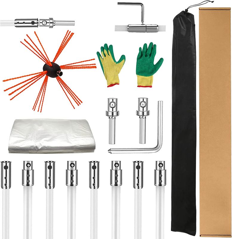 Photo 1 of 26 Feet Chimney Sweep Kit, Chimney Cleaner, Chimney Cleaning Tools, Chimney Cleaning System with 8 Nylon Flexible Rods and A Brush Head, Rotary Drill Drive Chimney Brush Kit for Cleaning Fireplace
