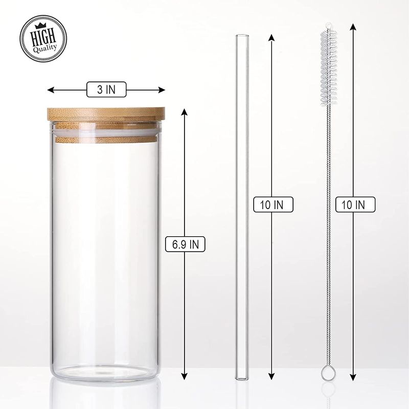 Photo 1 of 4 Set 20 OZ Drinking Glasses with Bamboo Lids and Straws, Borosilicate Glass Tumbler Cups - Tall Clear Iced Coffee Cups for Smoothie, Water, Juice, Coffee...
