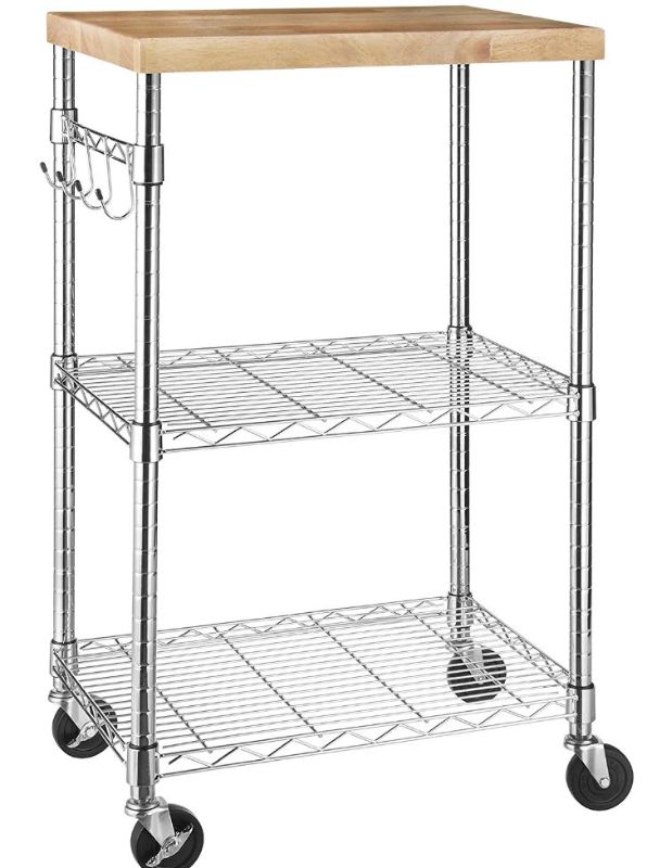 Photo 1 of Amazon Basics Kitchen Storage Microwave Rack Cart on Caster Wheels with Adjustable Shelves, 175-Pound Capacity - Chrome/Wood
