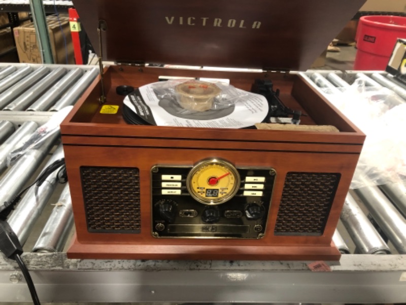 Photo 3 of Victrola Nostalgic 6-in-1 Bluetooth Record Player & Multimedia Center with Built-in Speakers - 3-Speed Turntable, CD & Cassette Player, FM Radio | Wireless Music Streaming | Mahogany Mahogany Entertainment Center