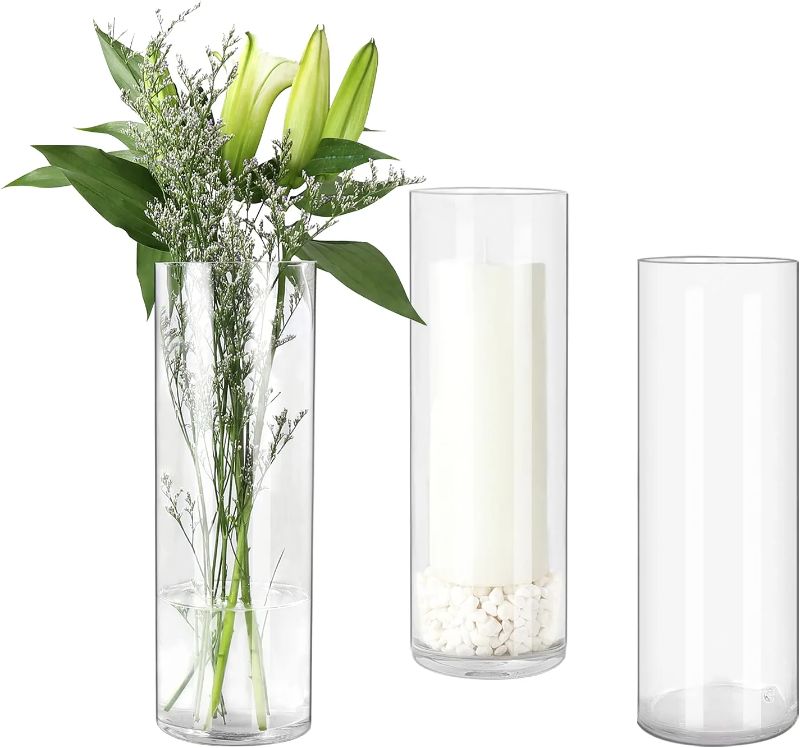 Photo 1 of 3 Pack Clear Glass Cylinder Vases, Table Flowers Vase Candle Holder for Home,Garden, Wedding Centerpiece Decorations and Formal Dinners (Width 4", Height 12") 