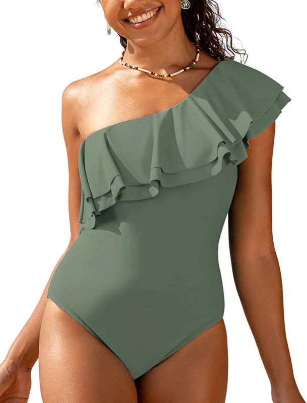Photo 1 of  Women's One Shoulder Swimwear Asymmetric One Piece Swimsuits Ruffled Bathing Suits
 SIZE 10