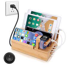 Photo 1 of Bamboo Charging Station for Multi Device With 5 USB Charger Port Sendowtek 6 in 1 USB Charging Stand for Phone Tablet Smart Watch Holder Earbuds Dock Charger Organizer with Power Supply 5 Mixed Cables