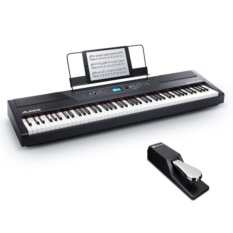 Photo 1 of DIGITAL PIANO BUNDLE - ELECTRIC KEYBOARD WITH 88 WEIGHTED KEYS, BUILT-IN SPEAKERS, 12 VOICES AND SUSTAIN PEDAL – ALESIS RECITAL PRO AND M-AUDIO SP-2 RECITAL PRO + SUSTAIN PEDAL------TURNS ON