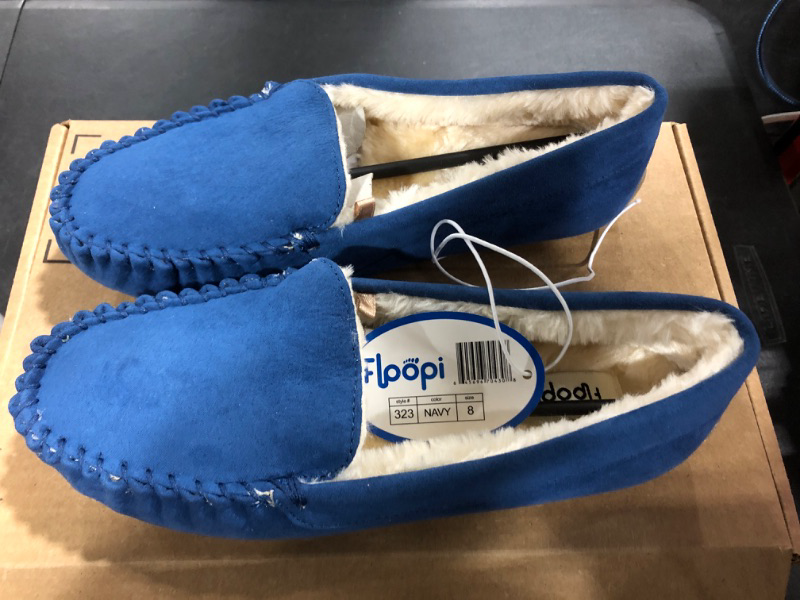 Photo 2 of [Size 8] Floopi Womens Indoor/Outdoor Faux Fur Lined Basic Moccasins Slipper W/Memory Foam- Navy