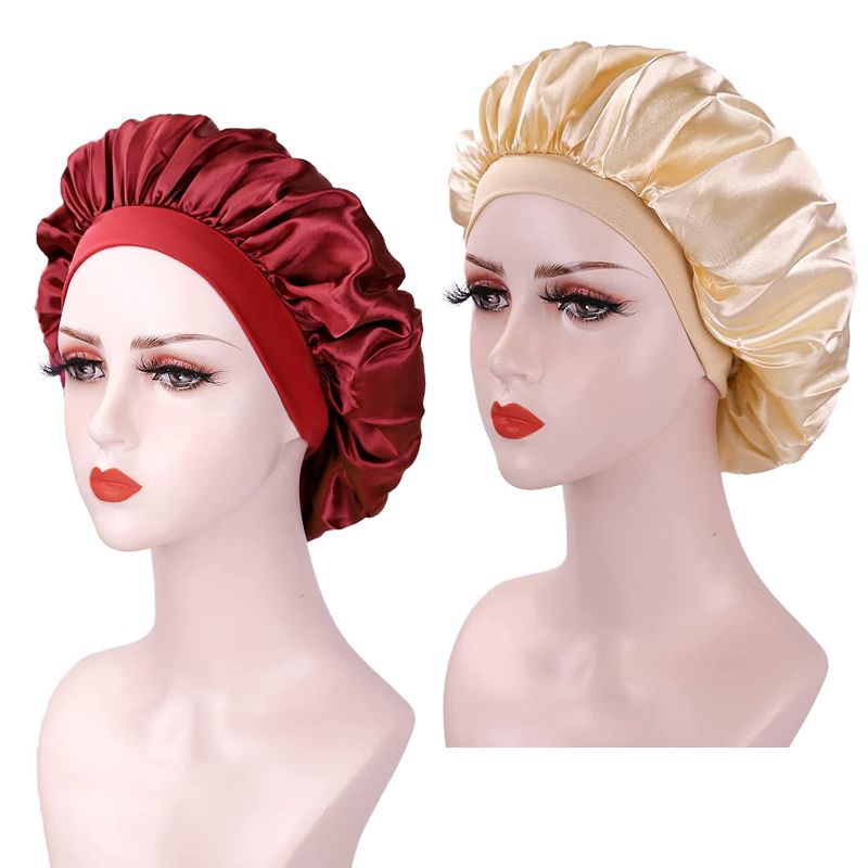 Photo 1 of 2PCS Wide Band Satin Bonnet Cap Hair Bonnets for Women Wine and Baby Blue