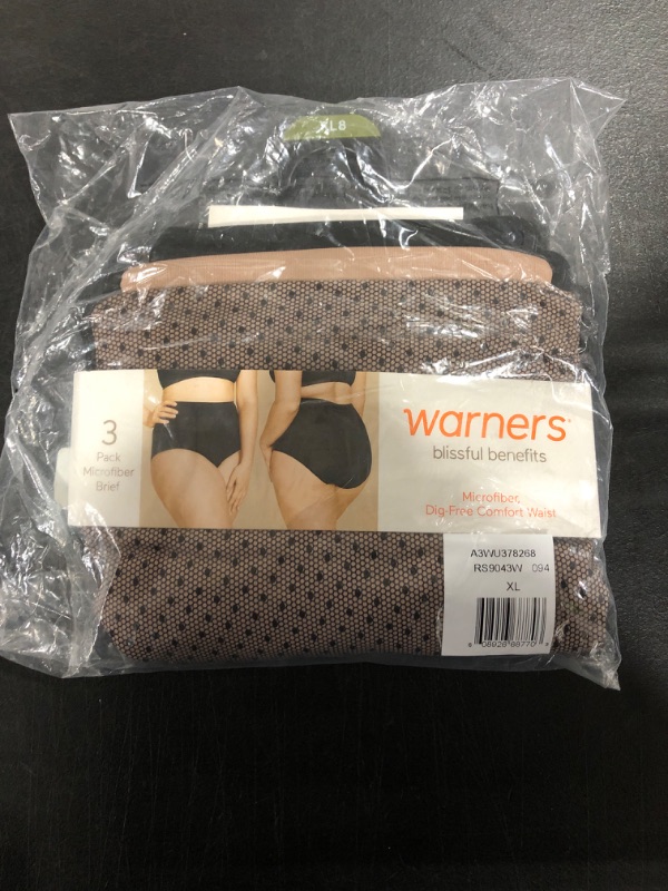 Photo 2 of [Size XL] Warner's Women's Blissful Benefits No Muffin Top 3 Pack Brief Panty X-Large Black/Toasted Almond/Lace Dot Print