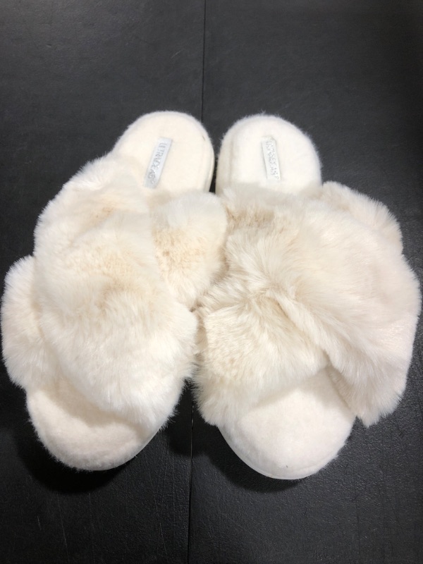 Photo 2 of [Size L] ULTRAIDEAS Women's Faux Fur Slide Slippers with Fuzzy Cross Band, Ladies House Slippers for Indoor Use
