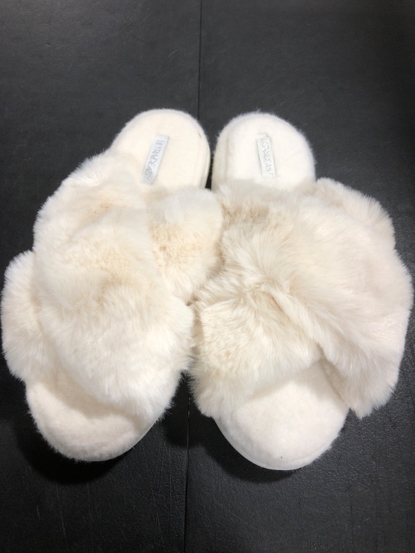 Photo 1 of [Size L] ULTRAIDEAS Women's Faux Fur Slide Slippers with Fuzzy Cross Band, Ladies House Slippers for Indoor Use
