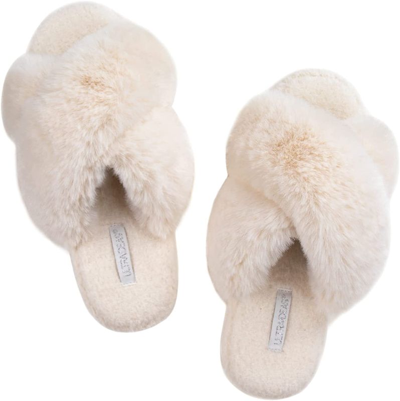 Photo 1 of [Size L] ULTRAIDEAS Women's Faux Fur Slide Slippers with Fuzzy Cross Band, Ladies House Slippers for Indoor Use
