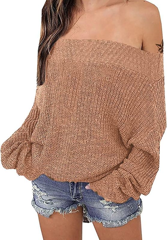 Photo 1 of [Size XL-XXL] EXLURA Women's Off Shoulder Sweater Batwing Sleeve Loose Oversized Pullover Knit Jumper- Khaki
