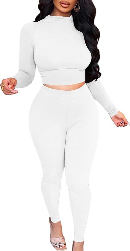 Photo 1 of [Size M/L] Ladies 2 pc Set- White Long Sleeve Crop Top with Elastic waist Pants - White