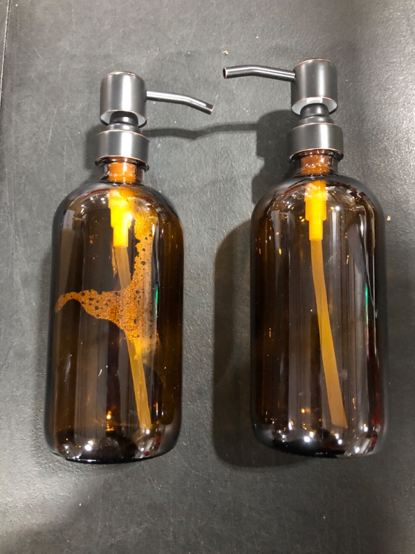 Photo 1 of Amber Glass Soap Dispenser- Set of 2