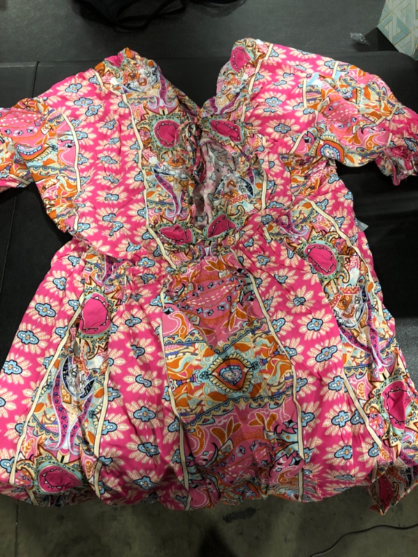 Photo 2 of [Size L] Romwe Women's Boho Tribal Print Short Sleeve V Neck Tie Back Summer Shift Dress Hot Pink