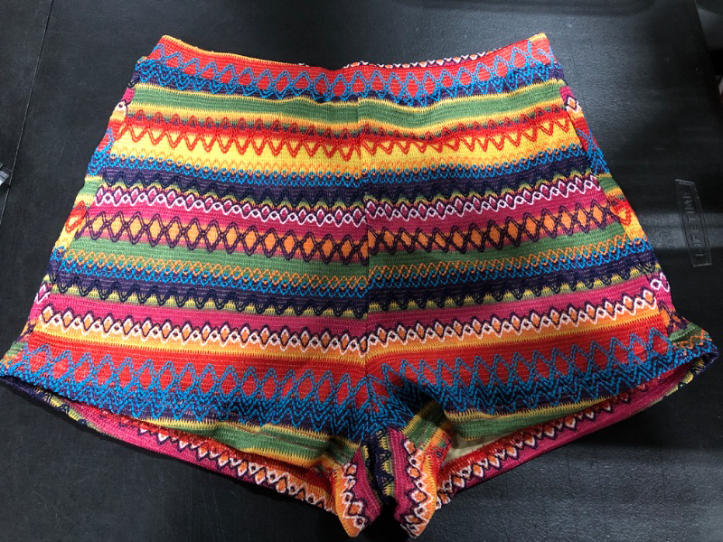 Photo 2 of [Size M] SweatyRocks Women's Elastic High Waist Shorts Embroidery Pattern Boho Printed Striped Shorts -Multicoloured