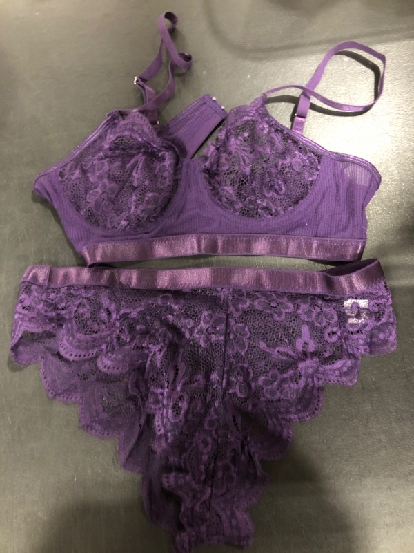 Photo 2 of [Size S] Kaei&Shi Sexy Lingerie for Women,Two Piece Lace Lingerie Set,Underwire Bra and Panty Set Valentine- Dark Purple