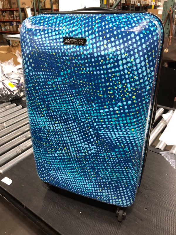 Photo 2 of American Tourister Moonlight Hardside Expandable Luggage with Spinner Wheels, Blue Dots, Checked-Medium 24-Inch Checked-Medium 24-Inch Blue Dots