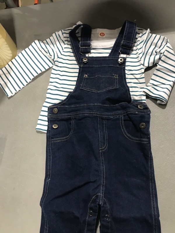 Photo 2 of Abolai Cute Baby Boys Clothes Toddler Jumpsuit Rompers Jean Overalls Set with Stripe T-Shirt 6-12 Months Black