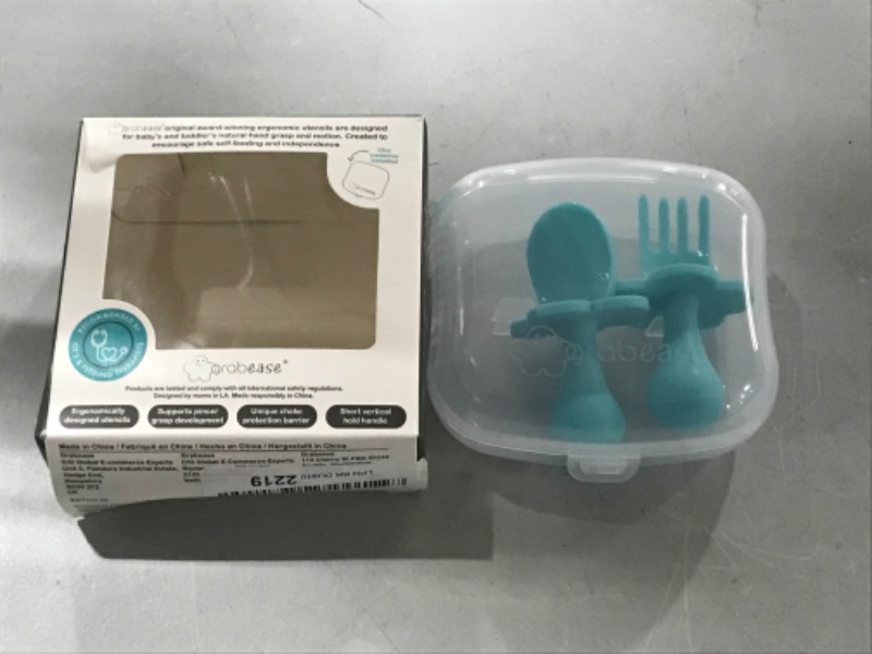 Photo 2 of Grabease Baby and Toddler Self-Feeding Utensils – Spoon and Fork Set for Baby-Led Weaning – Made of Non-Toxic Plastic – Featuring Protective Barriers to Prevent Choking and Gagging Teal 1 Set