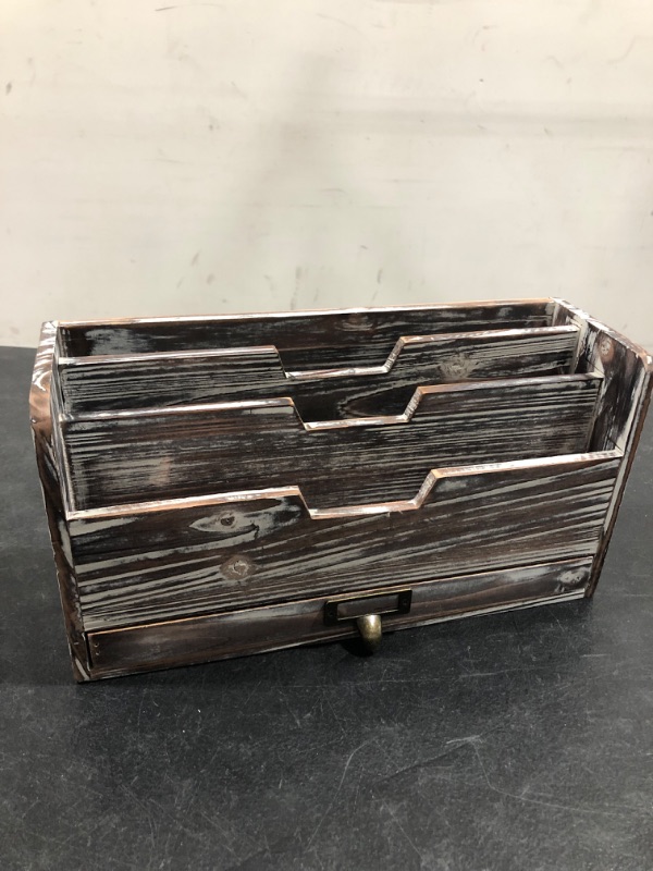 Photo 2 of 3 Tier Rustic Torched Brown Wood Office Desk File Organizer with Drawer
