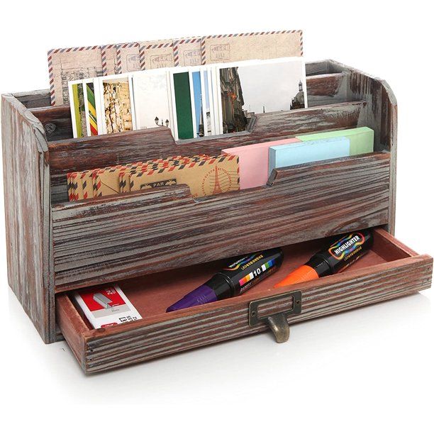 Photo 1 of 3 Tier Rustic Torched Brown Wood Office Desk File Organizer with Drawer
