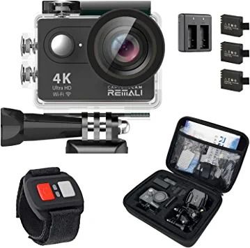 Photo 1 of REMALI CaptureCam 4K Ultra HD and 12MP Waterproof Sports Action Camera Kit with Carrying Case, 3 Batteries, Dual Battery Charger, 2” LCD Screen, WiFi, Remote Control, and 21 Mounts and Accessories
