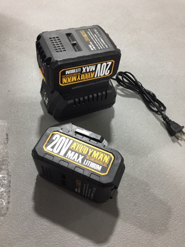 Photo 2 of ALLOYMAN 20V Battery & Charger, for Alloyman Electric Leaf Blower
two batteries and charger