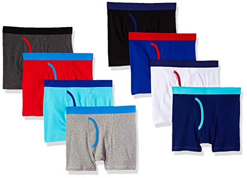 Photo 1 of Amazon Essentials Boys' Cotton Boxer Briefs Underwear, Pack of 8, Red/Blue/Grey, SIZE Large