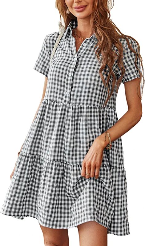 Photo 1 of COMELY Casual V Neck Plaid Tunic Shirt Dress Leopard Short Sleeve Summer Mini Dress for Women - SIZE MEDIUM 