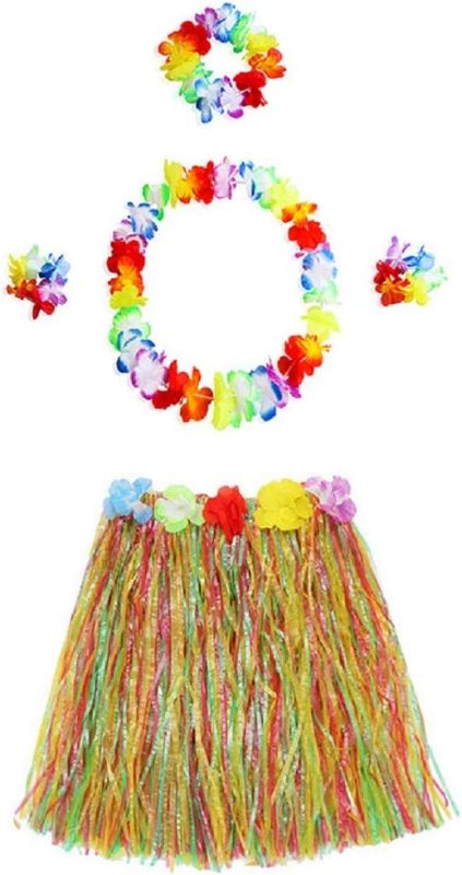 Photo 1 of 5pcs Hawaiian Hula Dancer Grass Skirt Colorful Tropical Luau Flower Leis Headband Necklaces Bracelets Girls