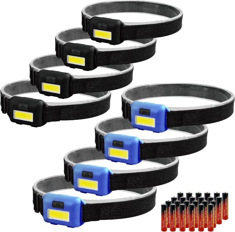 Photo 1 of 8 Pack Led Headlamp Flashlight for Adults and Kids, 1.1oz/31g COB Flood Light Ultra Bright Head Lamp with 3 Modes 24 AAA Batteries, Waterproof Work Headlight for Family Camping Running Reading