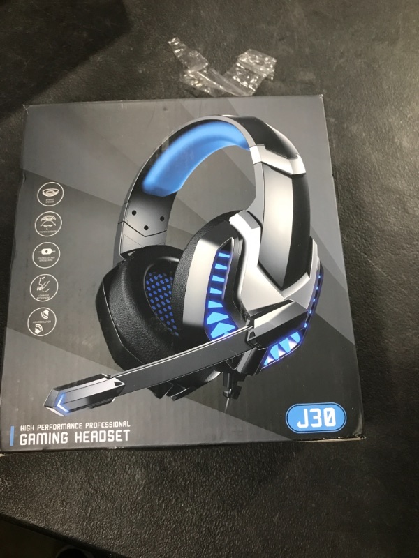 Photo 2 of Donerton Gaming Headset, Over-Ear Gaming Headphones with Noise Canceling Mic, Stereo Bass Surround Sound, LED Light, Soft Memory Earmuffs PS4 Gaming Headset Compatible with PC, Laptop,Tablet Blue