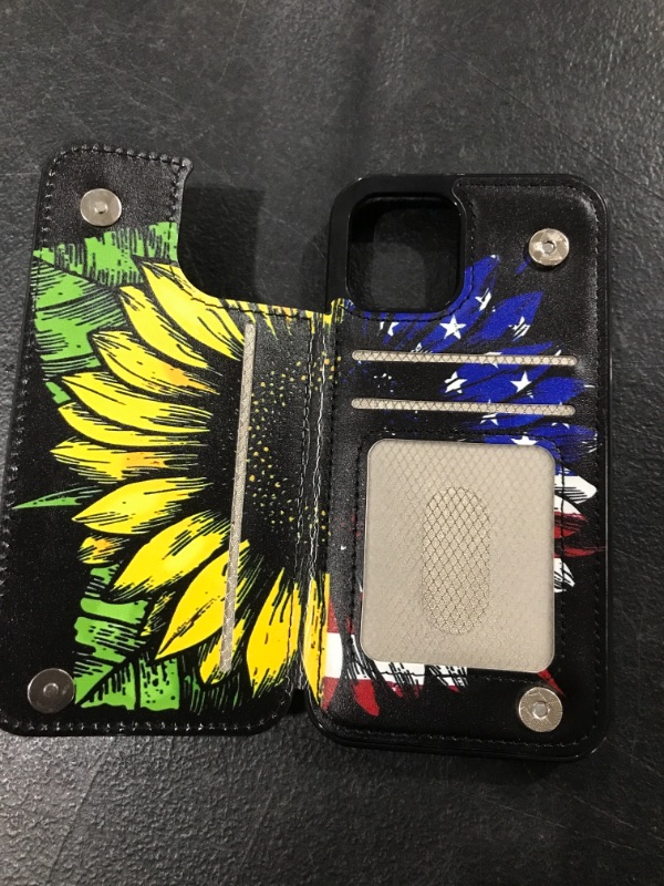 Photo 3 of  for iPhone 12/12 Pro Wallet Case with Card Holder, American Flag Sunflowers Pattern Back Flip PU Leather Kickstand Card Slots Case for Women Girls, Double Magnetic Clasp Shockproof Cover 6.1"