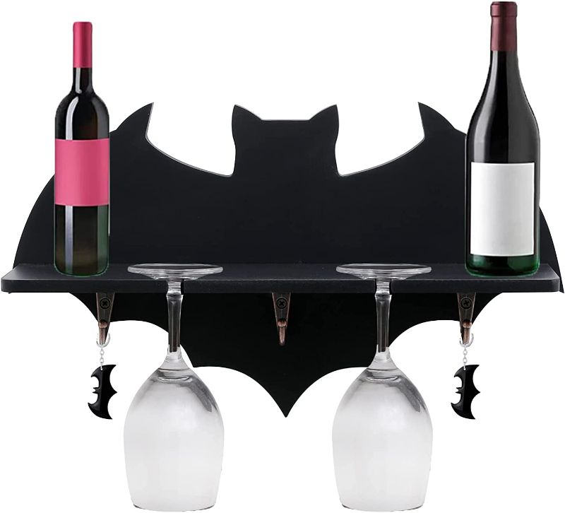 Photo 1 of Bat Wine Shelves Wall Mounted Wine Shelf Goth Decor Wine Bottle Glass Floating Racks-Floating Shelf with Keys Hooks Holder for Kitchen or Dining
