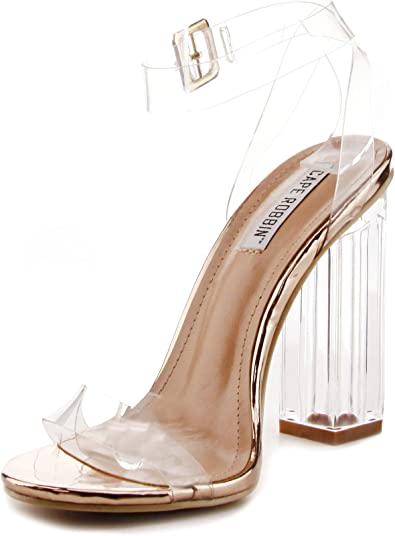 Photo 1 of Cape Robbin Maria-2 Clear Chunky Block High Heels for Women, Transparent Strappy Open Toe Shoes Heels for Women (7)
