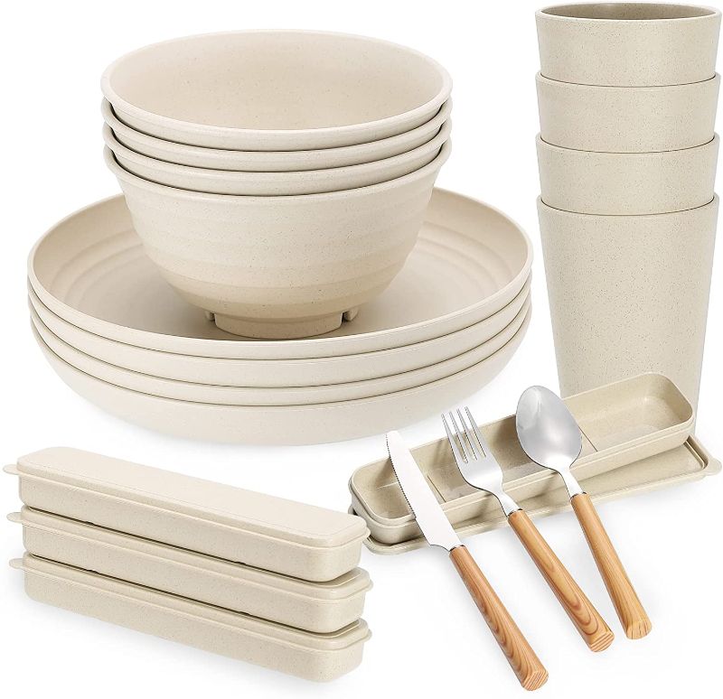 Photo 1 of 28PCS Wheat Straw Dinnerware Sets Stainless Steel Cutlery Adult Set / 4 Large Plates, Bowls, Cups (16oz), 4 Stainless Steel Cutlery Sets / Reusable Reusable, Microwave & Dishwasher Safe
