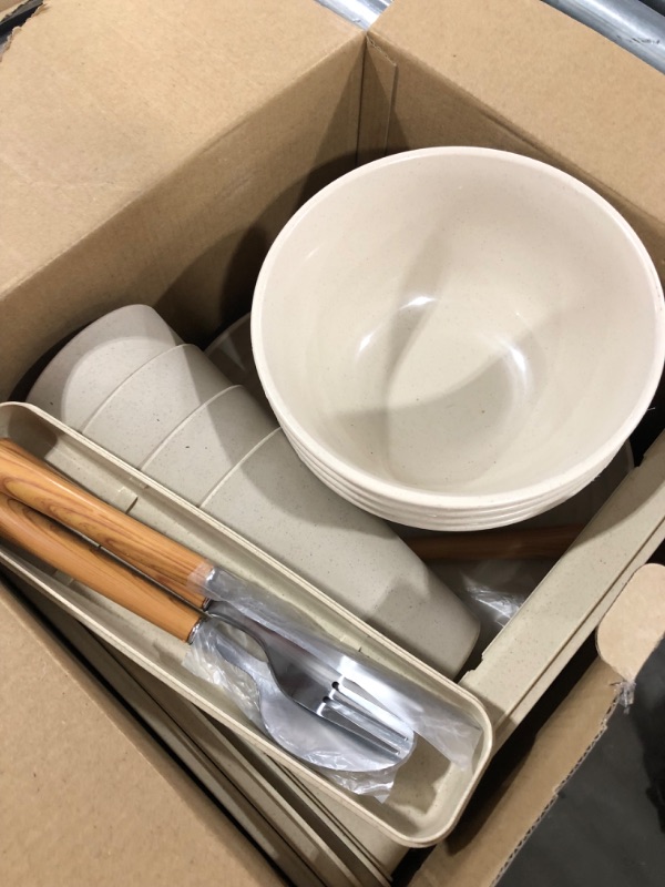 Photo 2 of 28PCS Wheat Straw Dinnerware Sets Stainless Steel Cutlery Adult Set / 4 Large Plates, Bowls, Cups (16oz), 4 Stainless Steel Cutlery Sets / Reusable Reusable, Microwave & Dishwasher Safe
