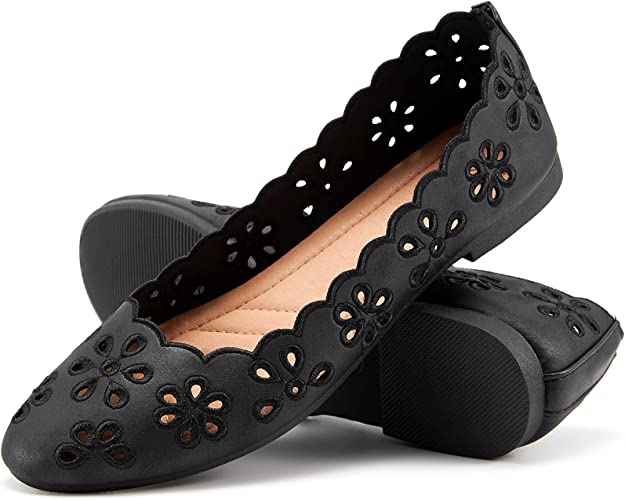 Photo 1 of Women's Ballet Flats Black PU Leather Dress Shoes Comfortable Round Toe Slip on Flats with Floral Eyelets SIZE 8
