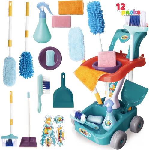 Photo 1 of JOYIN 12PCS Kids Cleaning Set, Pretend Play Housekeeping Cart with Broom, Mop, Spray Bottle and More, Cleaning Supplies Toys for Baby Toddlers 1-3 Bir
