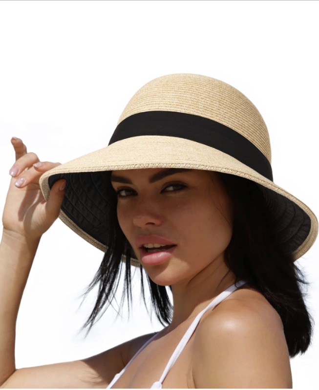 Photo 1 of Sun Hat Womens Wide Brim Straw Beach Hat with Lining Packable Foldable Summer Hat UV Protection