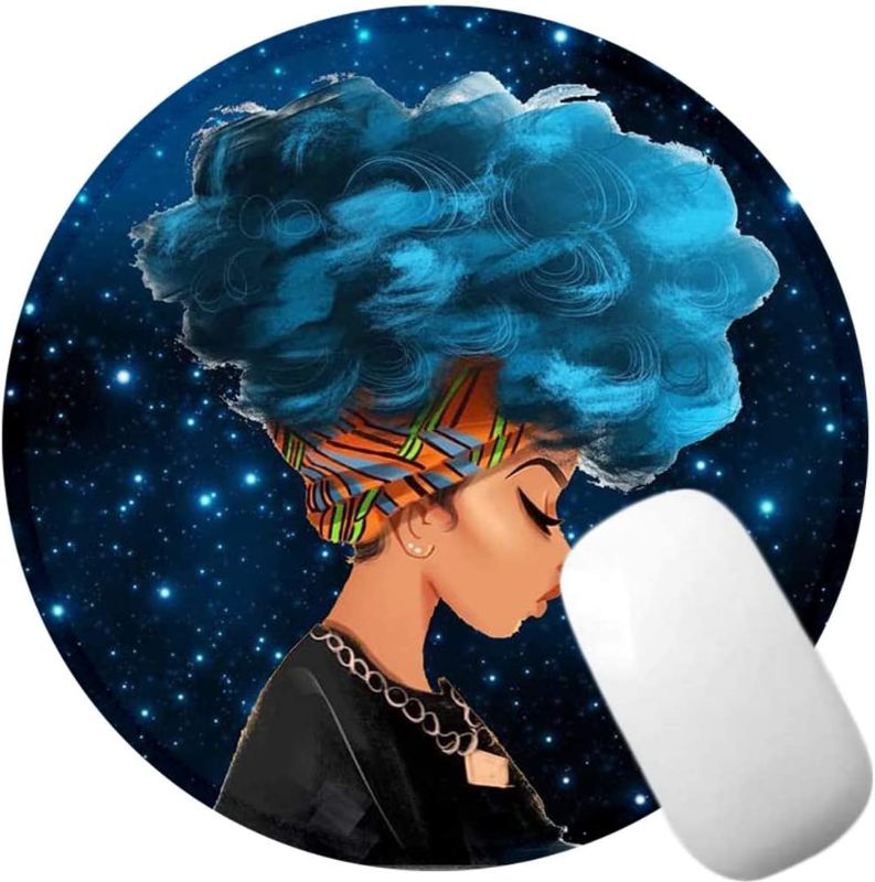 Photo 1 of Mouse Pad, Round Non-Slip Rubber Mouse Pad, Cute African Women with Blue Hair Hairstyle Design Mouse Pad with Stitched Edge, Waterproof Office Mousepads, Perfect for Gamers and Office
