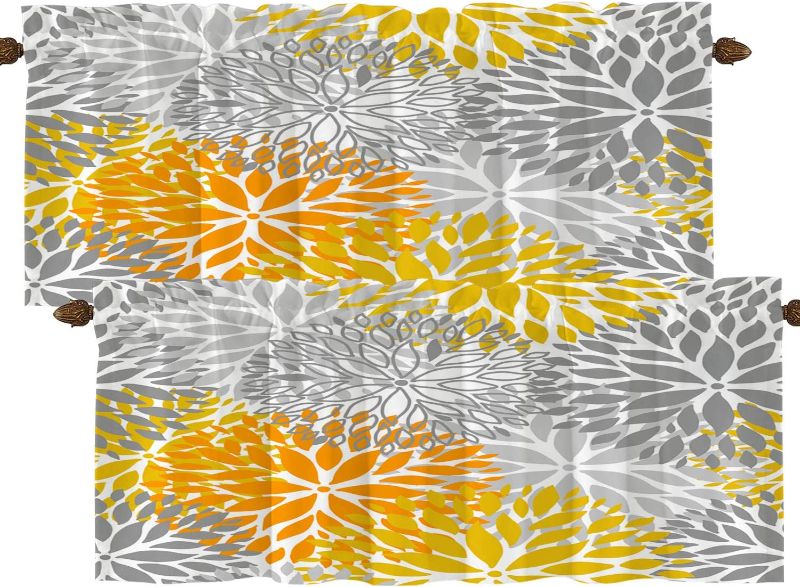 Photo 1 of BaoNews Orange Grey Flower Flowers Kitchen Valances Window Curtain, Yellow and Gray Chrysanthemums Floral Pattern Decorative Blackout Decoration Window Valances Curtains Bedroom, Set of 2
