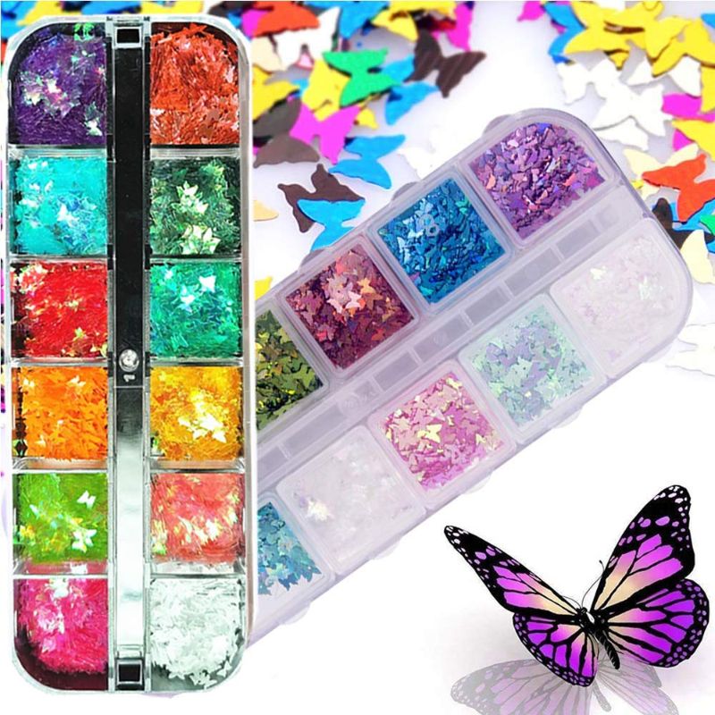 Photo 1 of 24 Color 3D Butterfly Nail Art Glitter Sequins - Splarkly Laser Butterfly Nail Flakes Acrylic Paillettes, Holographic Nail Sparkle Glitter Decals Sticker Tips for Nail Art Decoration Supplies (24P)
