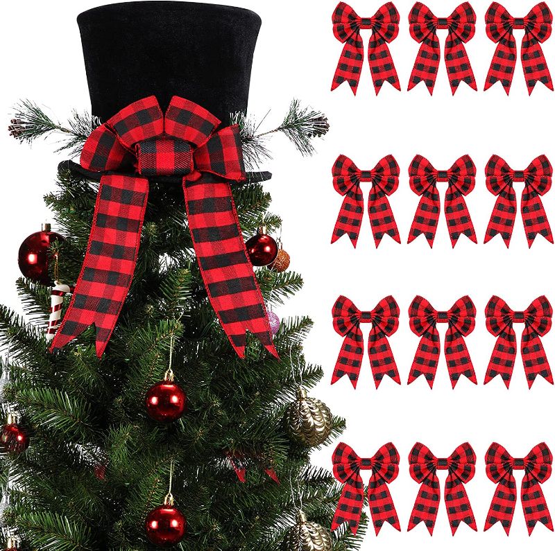Photo 1 of 13 Pieces Christmas Tree Topper Hat Buffalo Plaid Toppers Bow Christmas Tree Bows with Christmas Tree Topper Hat Tree Topper Black Fabric Hat Christmas Tree Decor for Home Decor (Nice Pattern)
