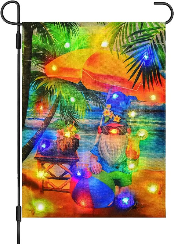 Photo 1 of COVBOARD Summer Gnome Lighted Garden Flag Double Sided, Battery Operated, Beach Tropical Garden Patio Yard Flag, Holiday Seasonal Outdoor Flag 12" x 18"(Stand NOT Included)
