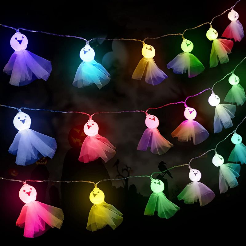 Photo 1 of 2 packs Halloween Ghost String Lights with 40 LEDs Colored Lace Ghost Wall Decor Battery Operated Fairy String Lights Hanging Lights Decorations for Halloween Party Indoor Outdoor
