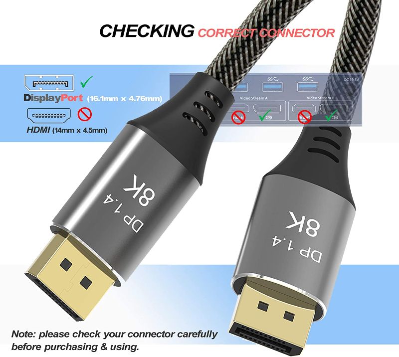 Photo 1 of AKKKGOO 8K DisplayPort Cable 3.3ft Ultra HD DisplayPort 1.4 Male to Male Nylon Braided Cable, 7680x4320 Resolution, 8K@60Hz, 4K@144Hz, 32.4Gbps, HDP, HDCP for PC, Laptop, HDTV, DP to DP Cable (1M)
