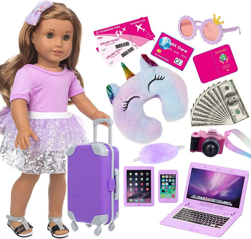 Photo 1 of ZNTWEI American 18 Inch Girl Doll Travel Suitcase Play Set with 18 Inch Doll Clothes and Accessories Including Sunglasses Camera Computer Phone Ipad Travel Pillow ect
